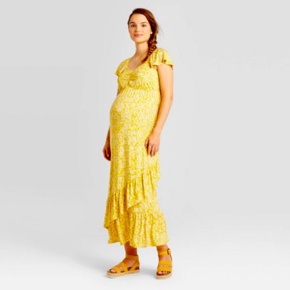 Floral Yellow maternity dress medium with ruffles